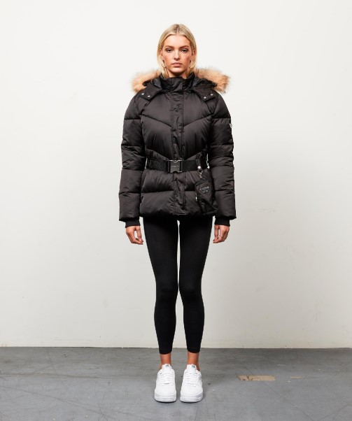 Womens Lucia Belted Chevron Fur Jacket Zavetti Canada Black