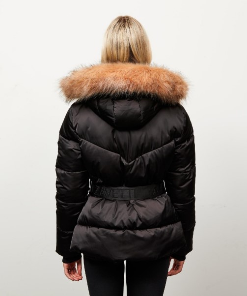 Womens Lucia Belted Chevron Fur Jacket Zavetti Canada Black