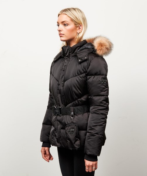 Womens Lucia Belted Chevron Fur Jacket Zavetti Canada Black