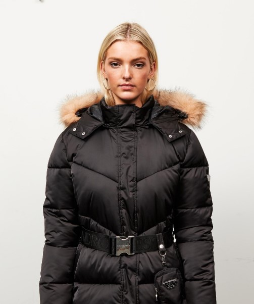 Womens Lucia Belted Chevron Fur Jacket Zavetti Canada Black