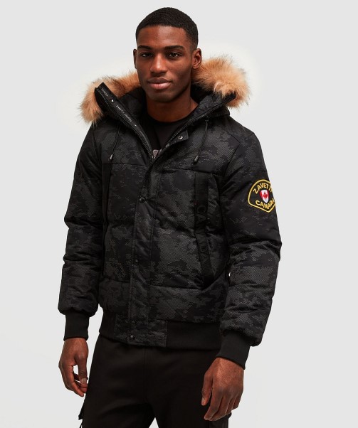 Jet Black Zavetti Canada Aylmer Reflective Puffer Fur Hooded Bomber Jacket