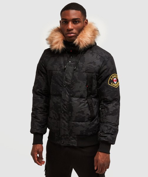 Jet Black Zavetti Canada Aylmer Reflective Puffer Fur Hooded Bomber Jacket