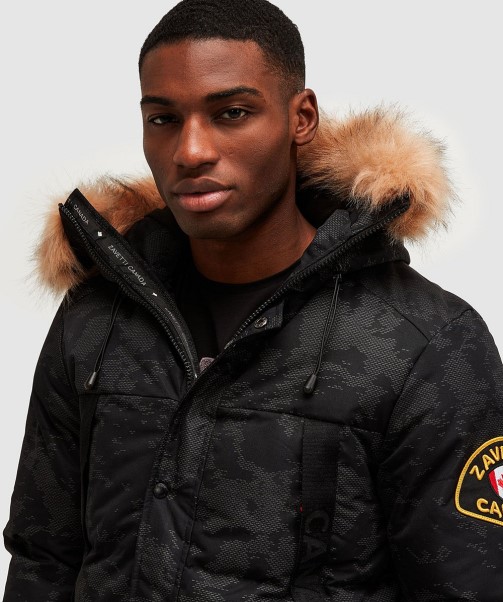 Jet Black Zavetti Canada Aylmer Reflective Puffer Fur Hooded Bomber Jacket